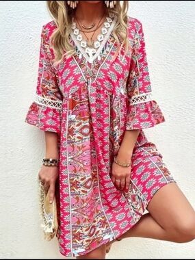 Kara and Kate Pink Blue Floral Paisley Crochet Trim Flowy Tunic Dress NWOT Large